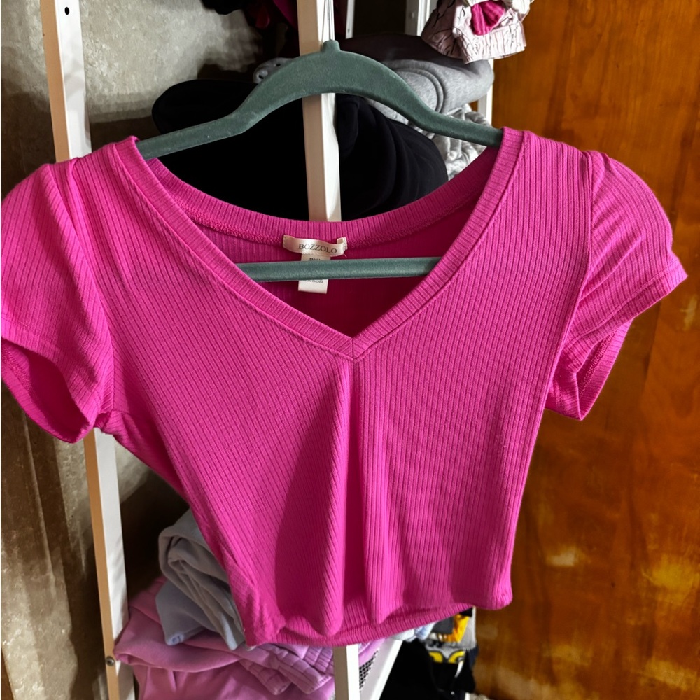 Pink V-Neck Ribbed Women's Top
